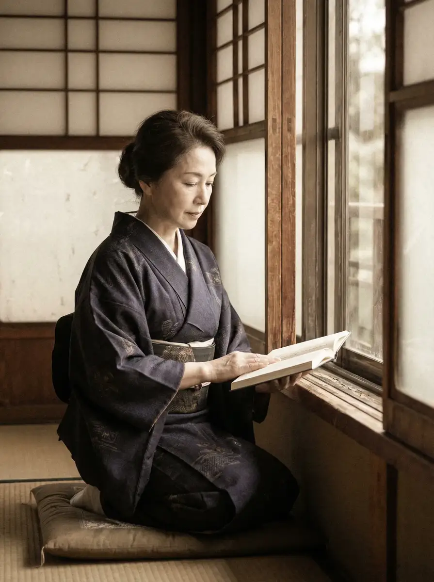 一位优雅的五十岁 女大学生部落 身穿深蓝色和服，在窗边静读